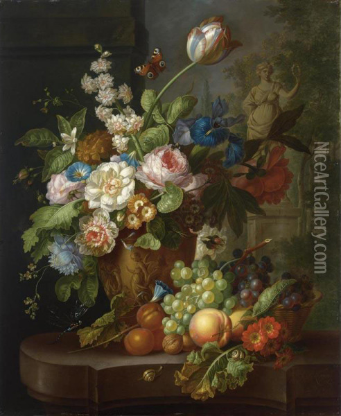 A Still Life With Pink Roses, Small Morning Glory, Irisses, A Hyacinth, A Poppy Anemone, Auricula, A Tulip And Other Flowers In A Vase Sculpted With Classical Figures, Together With Grapes, Peaches, Apricots And Wallnuts, All On A Stone Ledge With A Drago Oil Painting - Johan Christian Roedig