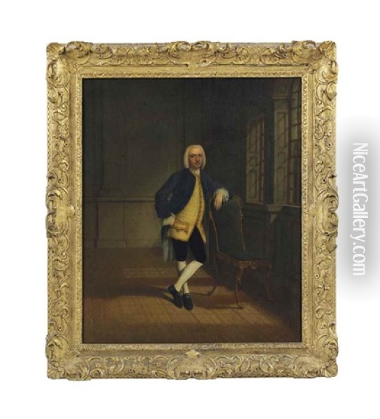 Portrait Of A Gentleman, Small Full-length, Wearing A Blue Coat, In An Interior Oil Painting - Arthur Devis