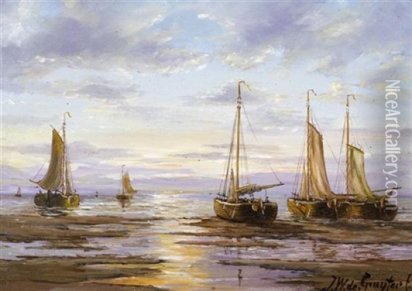 Fischerboote Auf Dem Meer Bei Sonnenaufgang Oil Painting - Jacob Willem Gruyter