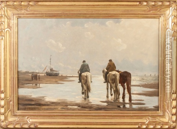 Horses On Beach Oil Painting - Johannes Hermanus Barend Koekkoek