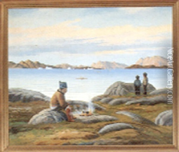 Motiv Fra Gronland, Med Personer Der Betragter Kajakroere Oil Painting - Emanuel A. Petersen