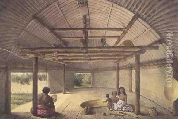 Interior view of the house of Chief Palous wives, Tonga Tabou, plate 73 from Voyage de la corvette lAstrolabe. Atlas historique, engraved by Jules David, pub. 1833 Oil Painting - Sainson, Louis Auguste de