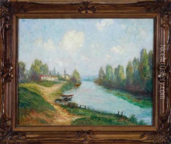 Sommerliche Flusslandschaft Mit Booten Und Blick Auf Ein Gehoft Oil Painting - Claude Vignon
