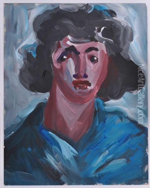 Woman In Blue Oil Painting - Merton Clivette
