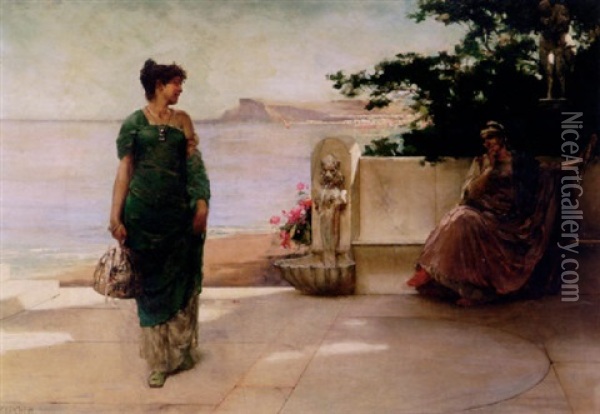Classical Composition Of Two Maidens On A Terrace Oil Painting - Edmund Blair Leighton