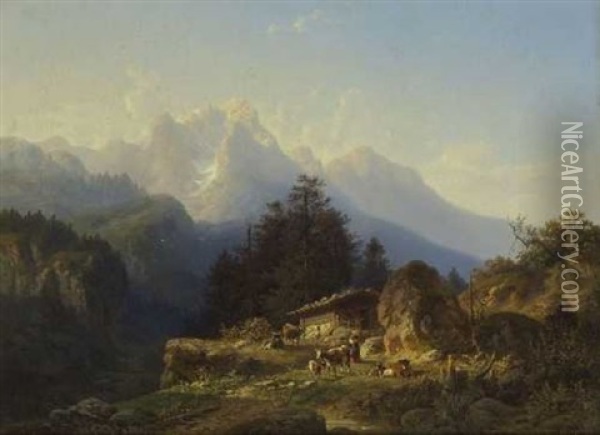 Alm Im Hochgebirge Oil Painting - Johann Nepomuk Ott