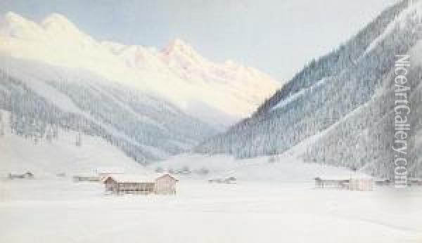 A Snowy Alpine Landscape Oil Painting - George Nelson
