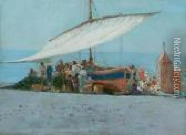 Barche E Mercato Sulla Spiaggia Di Positano Oil Painting - Vincenzo Caprile