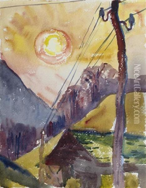 Bergell Landscape With Telephone
 Mast. Watercolour On Paper. Inscribed Verso: Aquarello Originale Di Mio
 Padre / Giovanni Giacometti / Maloja 13.i.1934 / Alberto Giacometti Oil Painting - Giovanni Giacometti