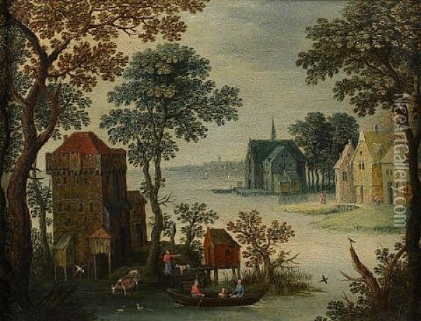 A Riverside Village With Figures In A Barge Oil Painting - Marten Ryckaert