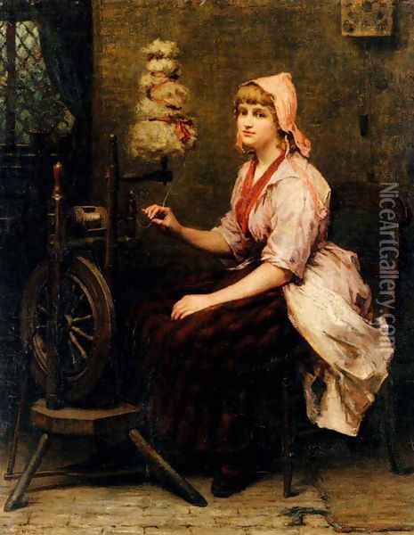 The Girl At The Spinning Wheel Oil Painting - Katherine D. M. Bywater