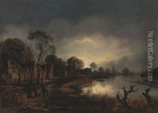 A River Landscape At Dusk With Figures Walking Along A Path, A Church In The Distance Oil Painting - Aert van der Neer