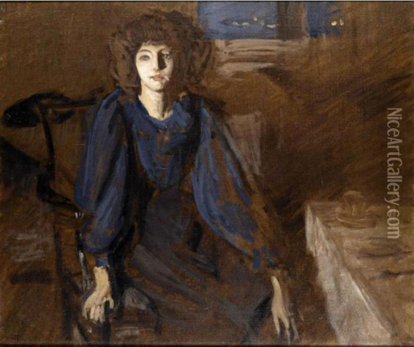 Miss Pettigrew In A Blue Dress Oil Painting - Philip Wilson Steer