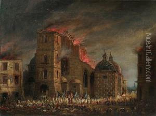 Fire The Dominican Church In Krakow Oil Painting - Teodor Stachowicz