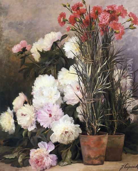 Peonies and Red Carnations Oil Painting - Jean Capeinick
