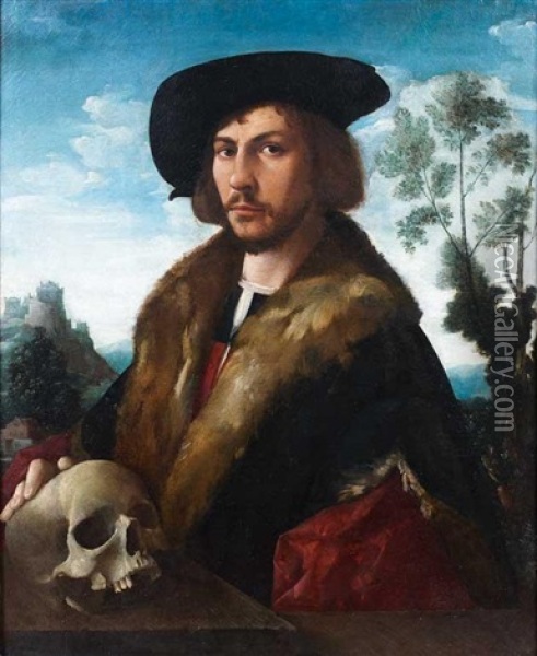 Portrait D'homme En Buste La Main Posee Sur Un Crane Devant Un Paysage Oil Painting - Dirck Jacobsz