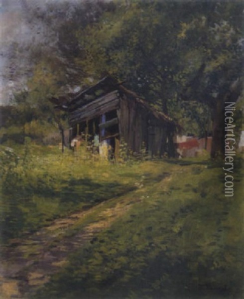 Sonnendurchflutete Landschaft Mit Einer Holzhutte Oil Painting - Hugo Darnaut