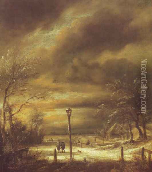 Winter landscape with a lamp-post and a distant view of haarlem Oil Painting - Jacob Van Ruisdael