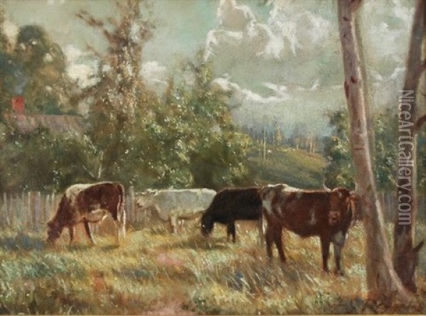 Landscape With Cows & Silver Clouds Oil Painting - Frederick George Reynolds