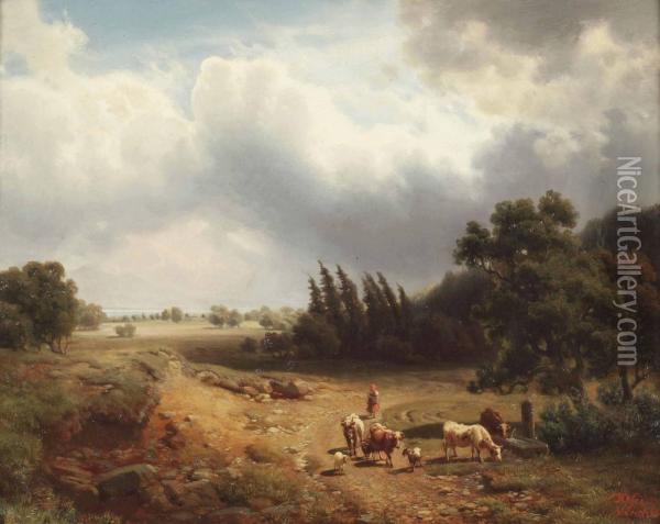 A Wooded Landscape With A Shepherdess And Her Cattle Oil Painting - Heinrich Hofer