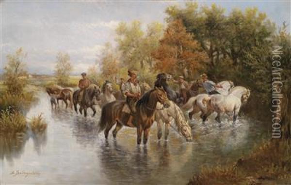 Horsescrossing A River Oil Painting - Adolf Baumgartner