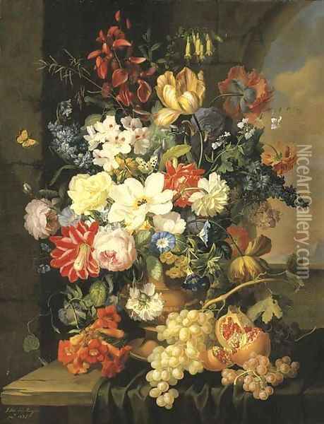 Roses, morning glory, an iris and other flowers in a sculpted urn with grapes and a pomegranate on a partly-draped ledge Oil Painting - Anton Hartinger
