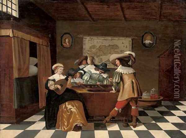 Backgammon players at a table with a lady playing a lute in an interior Oil Painting - Christoffel Jacobsz van der Lamen
