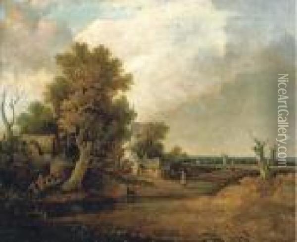A Wooded Landscape With Cottages By A River And A Windmillbeyond Oil Painting - John Crome