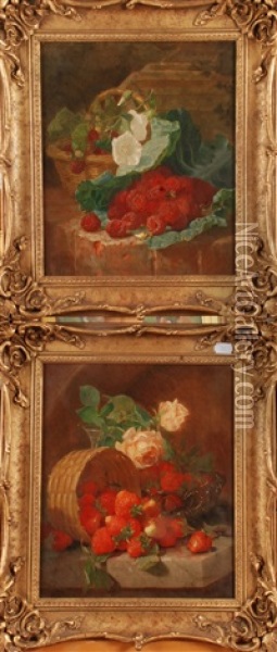 Raspberries, Cabbage Leaf And A Basket On A Brick Ledge & Strawberries On A Marble Ledge Oil Painting - Eloise Harriet Stannard