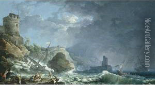 A Storm Off A Rocky Coast Oil Painting - Carlo Bonavia