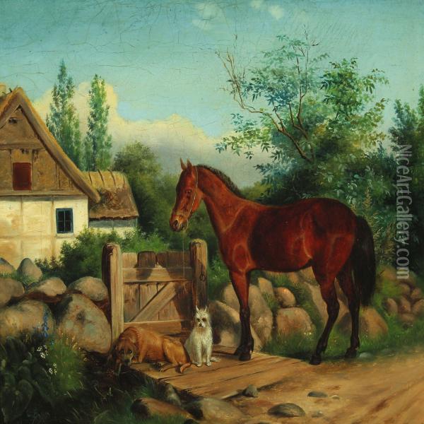 Farm Exterior With A Horse And Two Dogs Waiting At The Gate Oil Painting - Carl Henrik Bogh