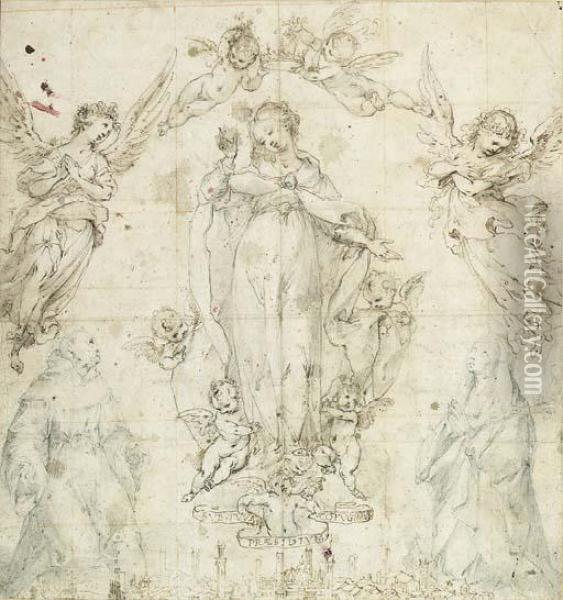 The Madonna As Protectress Of Siena With Saint Bernardino And Saintcatherine Of Siena Oil Painting - Francesco Vanni