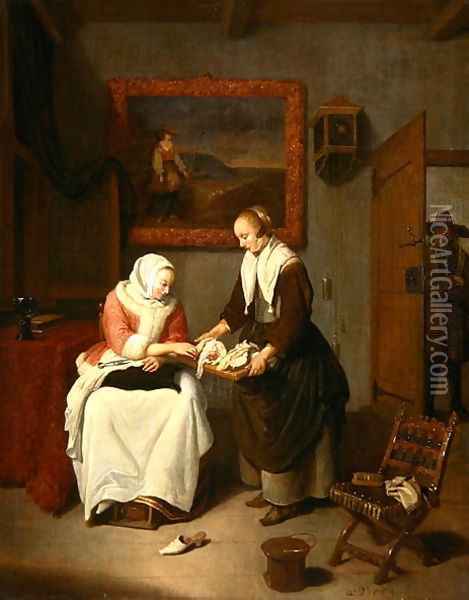 Interior with a Lady Choosing Fish, 1664 Oil Painting - Quiringh Gerritsz. van Brekelenkam