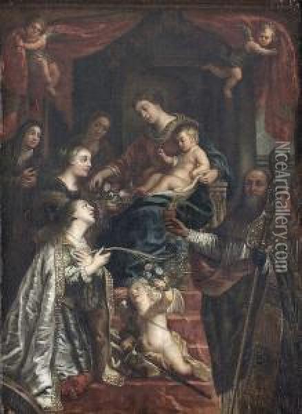 Zugeschrieben
Throhnende Maria Mit Christusknaben Und Heiligen. Oil Painting - Theodor Van Thulden