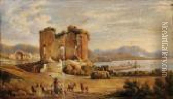 Paysage Pres De Naples Au Berger Et Ruines Oil Painting - Giuseppe Carelli