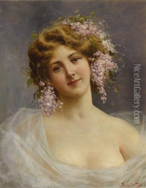 Girl With Lilacs Oil Painting - Achille Beltrame