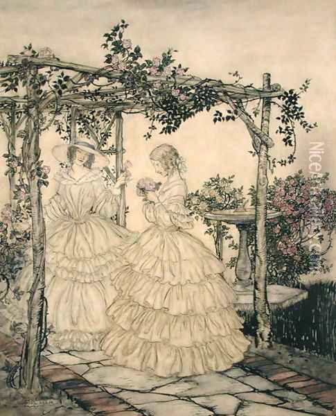 The Rose Garden, c.1923-5 Oil Painting - Arthur Rackham