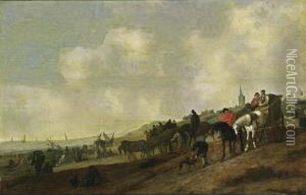 A Beach Scene With Fishermen 
Unloading Their Catch, And Figures Arriving In Horse-drawn Carts 
Together With Dogs, A Church Tower And A Village Beyond Oil Painting - Cornelis Beelt