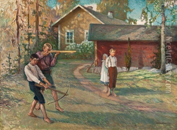 Boys At Play Oil Painting - Vaeinoe Haemaelaeinen