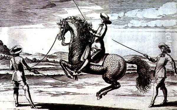 Illustration of a horse en Croupade from New Treatise for Breeding Horses written by Winters, Stuterey and Reit-Schul, pub. 1672 Oil Painting - Peter Paul Troschel
