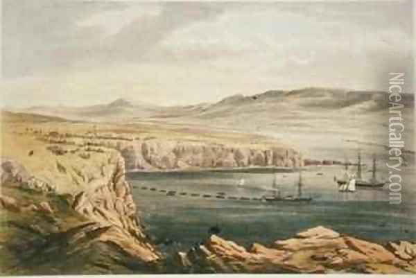 View of Port Magee Valentia from the heights of Cora Beg HMS Caroline laying the shore end of the cable Oil Painting - Robert Dudley