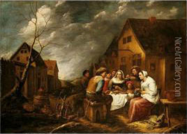 A Landscape With Figures Dining Outside An Inn Oil Painting - Gillis van Tilborgh
