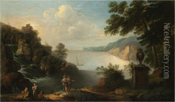 A Rocky Coastal Landscape With Soldiers And Other Figures In The Near Foreground Oil Painting - William Jones