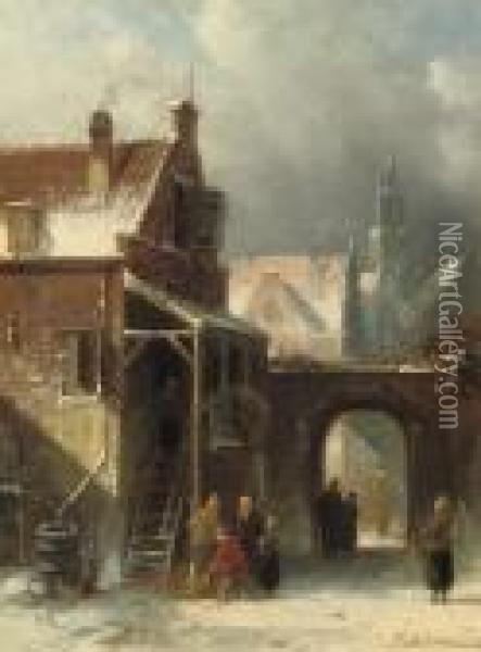 A Dutch Town In Winter Oil Painting - Charles Henri Leickert