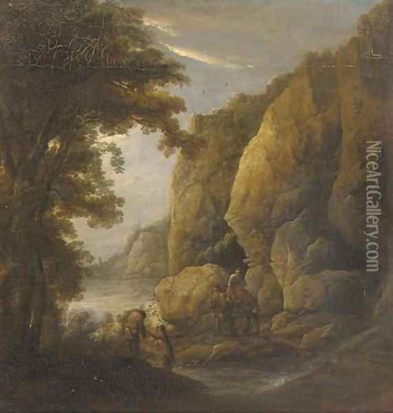 A mountain gorge with travellers on a path Oil Painting - Jacques d' Arthois