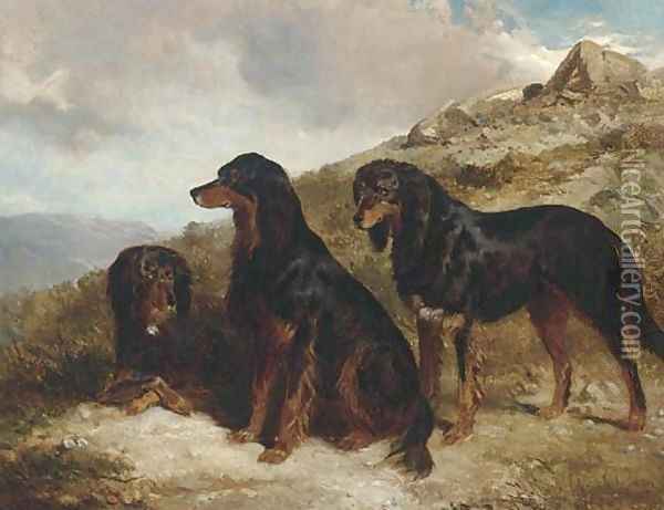 Reuben, Roland, and Rector, black and tan setters in a Highland landscape Oil Painting - Alfred F. De Prades