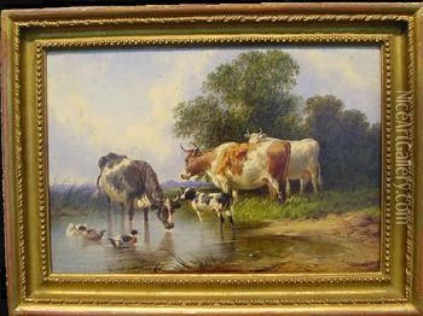 At The Watering Hole Oil Painting - John Frederick Herring Snr