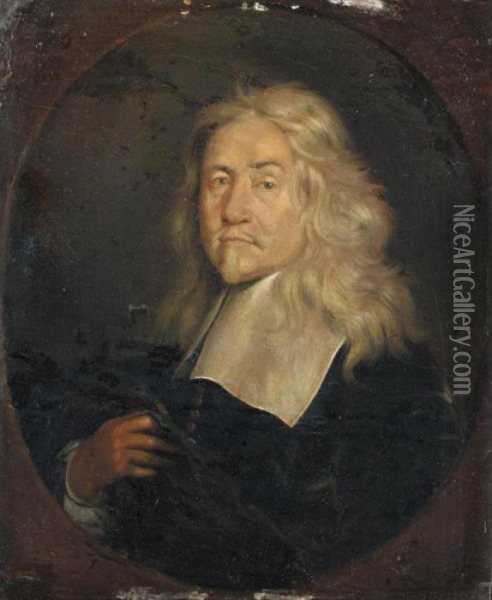 Portrait Of A Gentleman, Half 
Length, Wearing Black With A White Ruff, Said To Be Erasmus Quellinus Oil Painting - Gonzales Cocques