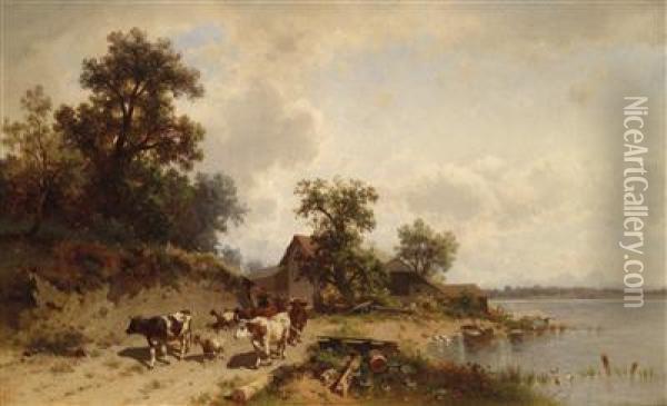 Herd Of Cows On The Lake Shore Oil Painting - Conrad Buhlmayer