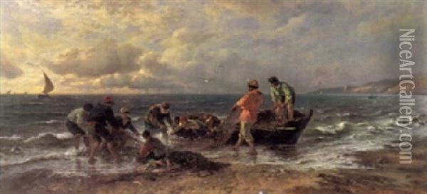 Fischer Mit Netzen Und Booten Am Strand Oil Painting - Albert Kappis